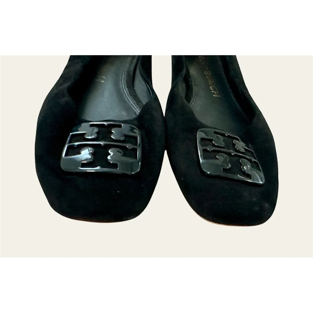 Tory Burch Suede Square Toe Flats Women 9M Black Good Patent Logo‎ Ballet Shoes